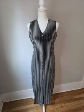 Vintage Miss Dorby Sleeveless Vertical-Stripe Midi Dress with Button Front